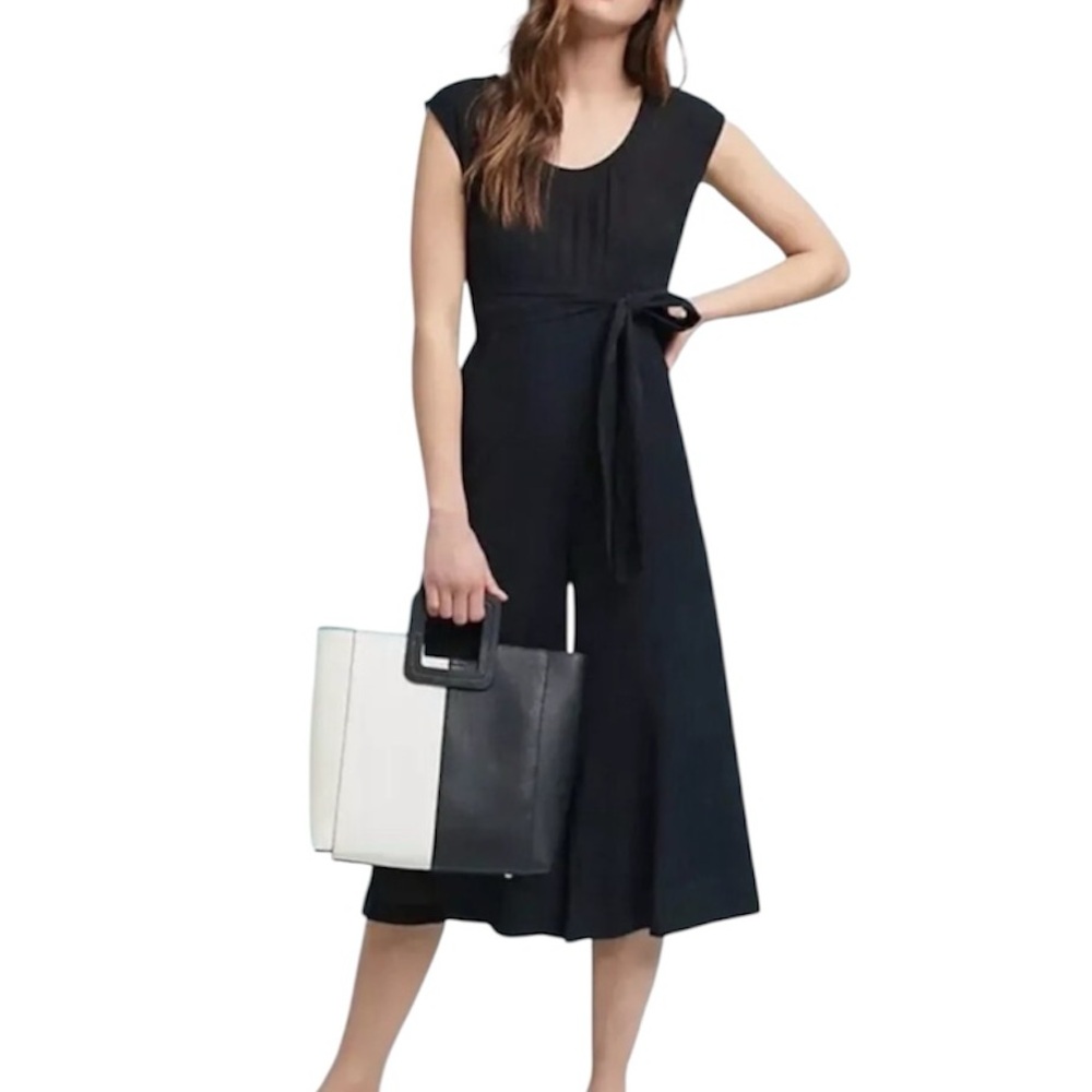 Anthropologie Black Wide Leg Cropped Jumpsuit Tie Waist